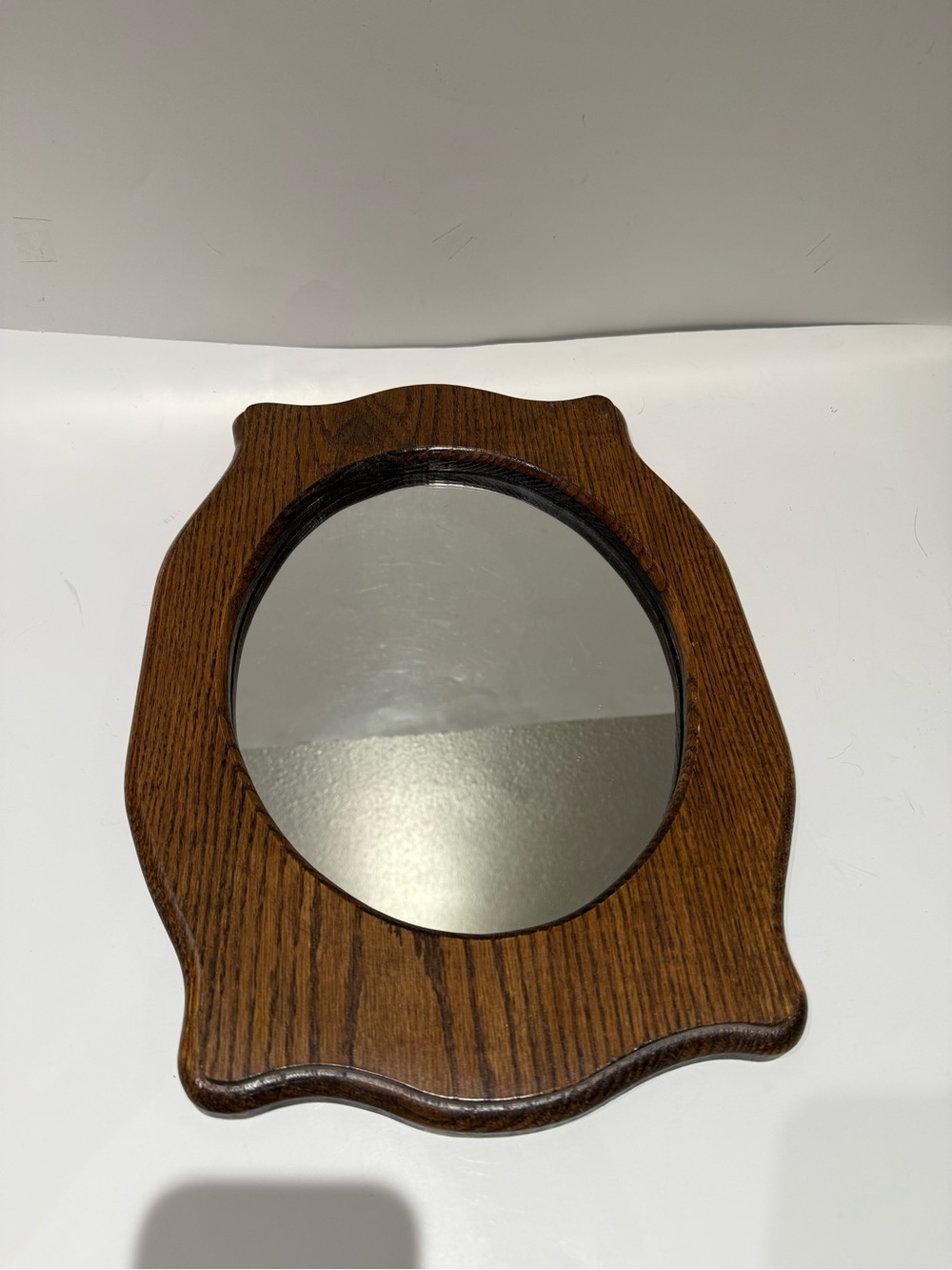Vintage Dark Solid Wood Shield Shaped Wall Mirror Scalloped Frame